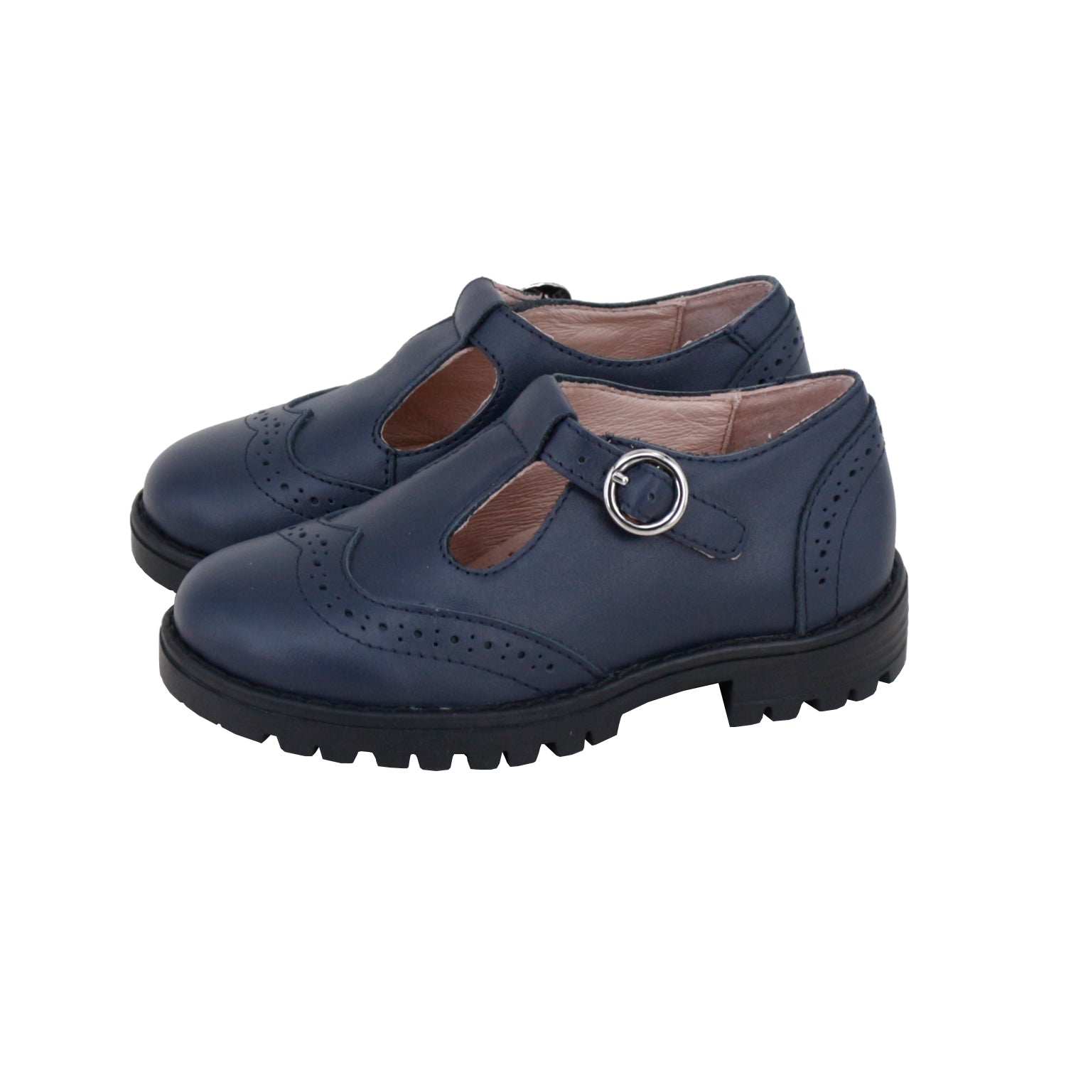 Navy Leather T-Strap Black Bulky Sole