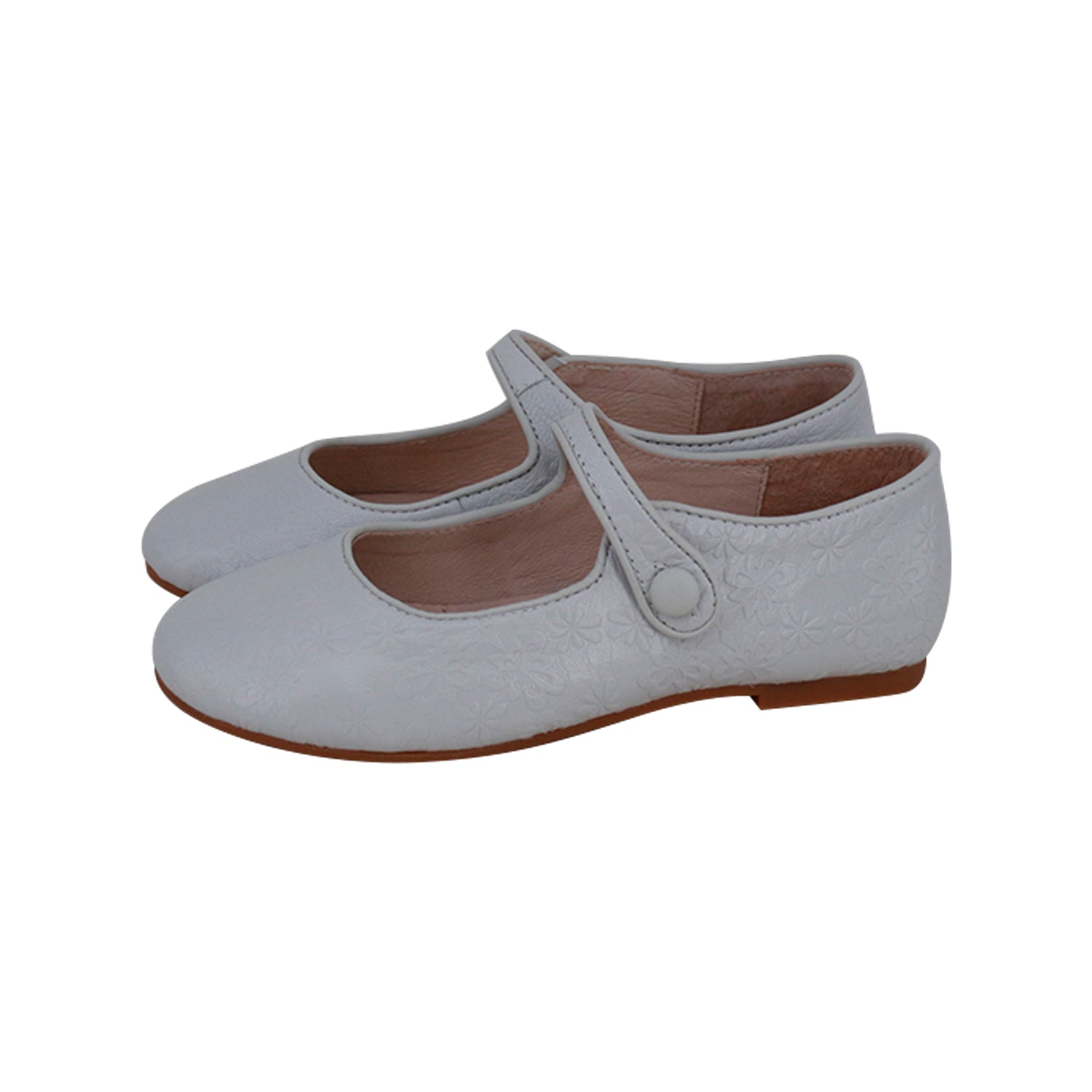 White Embossed Leather  Mary Jane Button