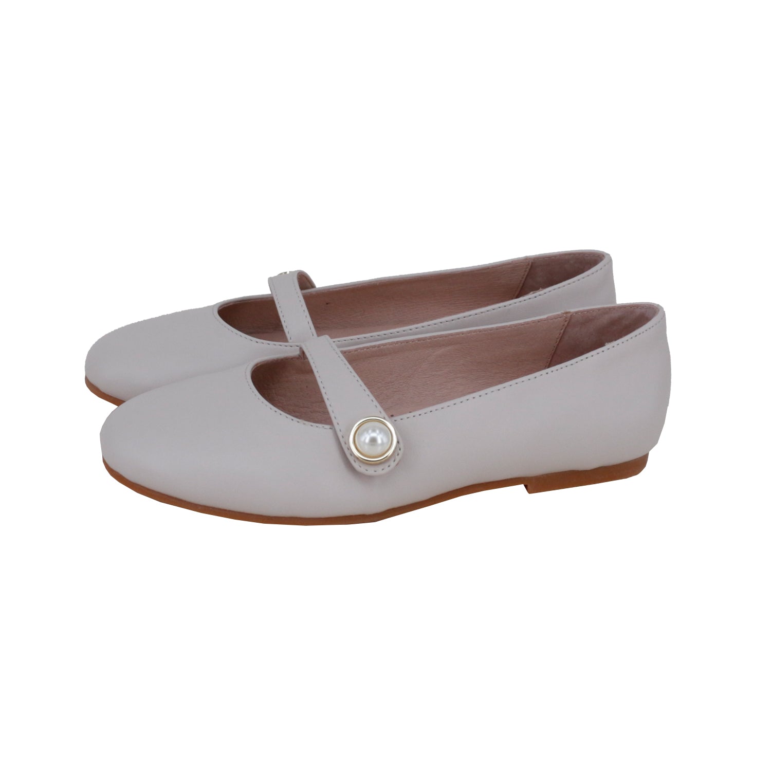 Light Beige Leather Front Strap Pearl Button