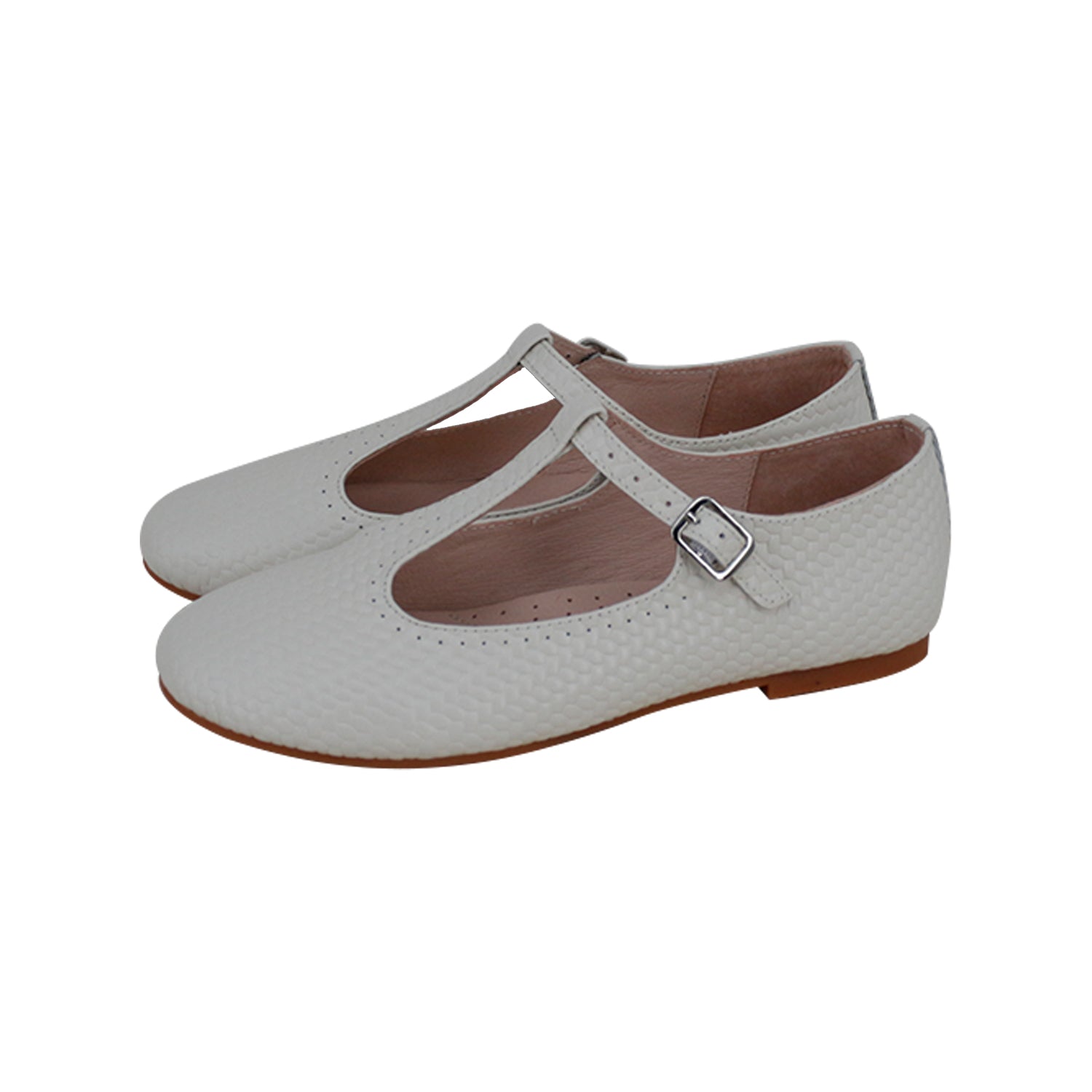 Cream Embossed Leather T-Strap