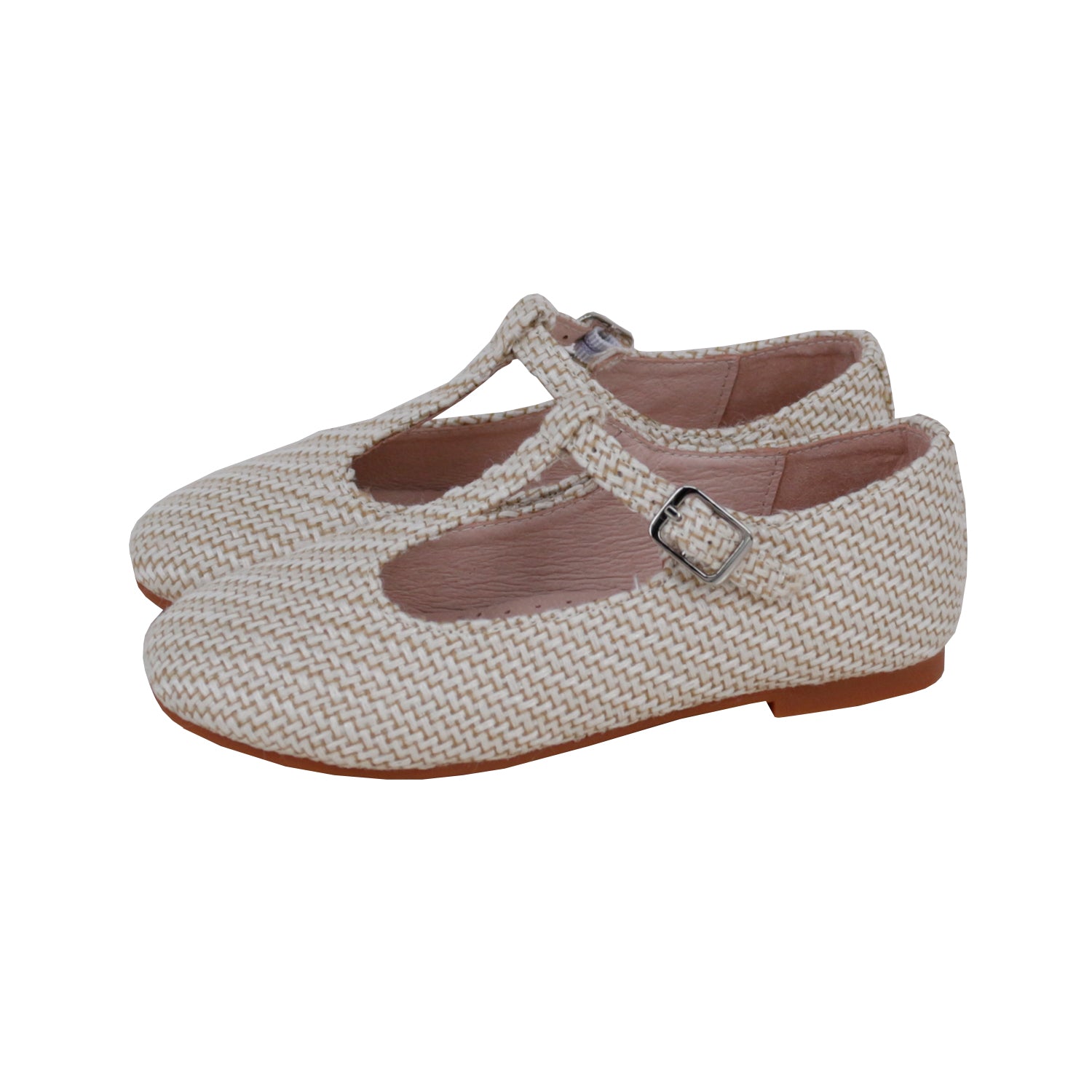 Beige Tweed Fabric T-Strap